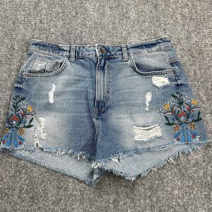 Zara Denim Shorts Size 10 Basic Z1975 High Rise Embroidered Distressed Cotton
